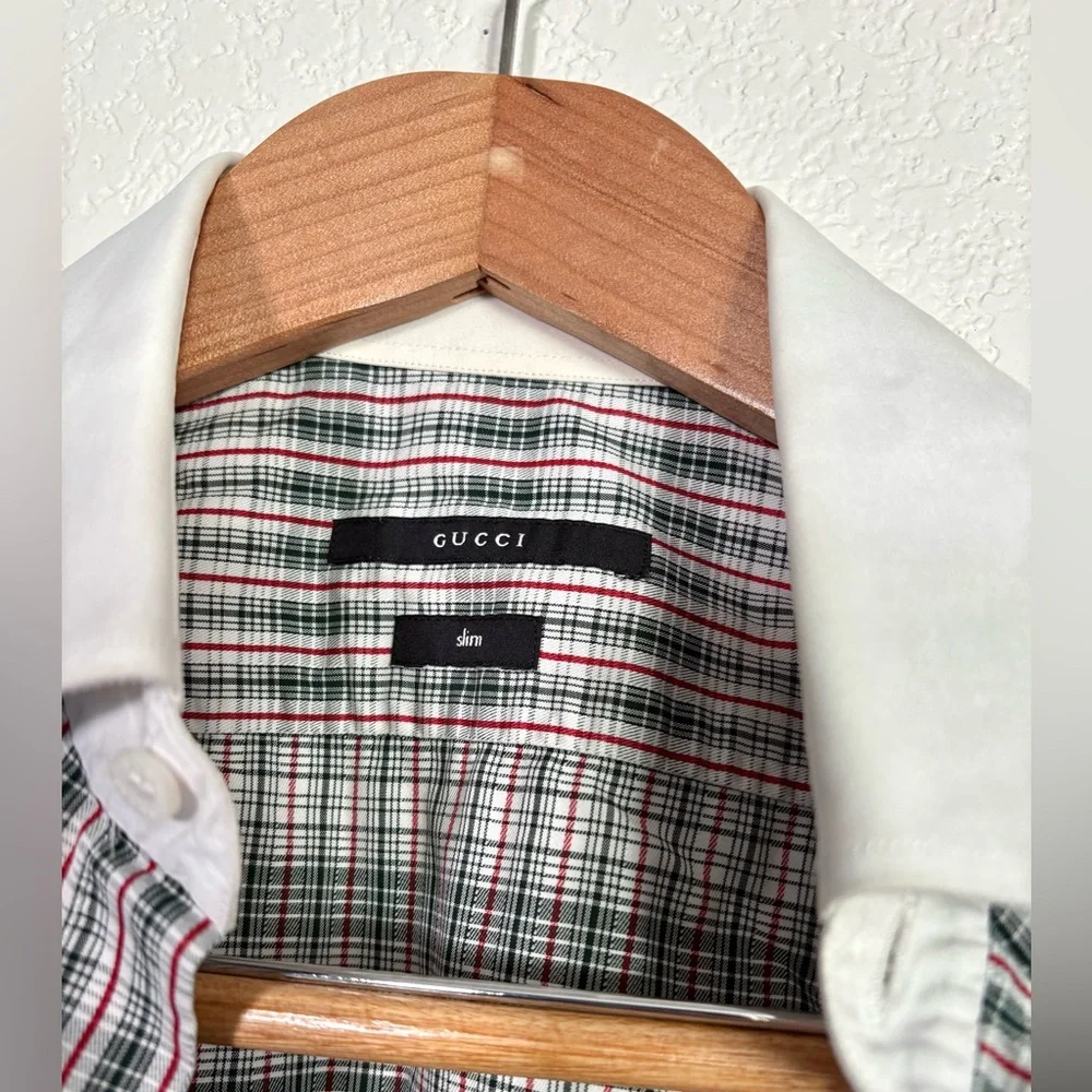 Vintage Slim Fit Gucci Green with Red Plaid White Collared Button Down size 39